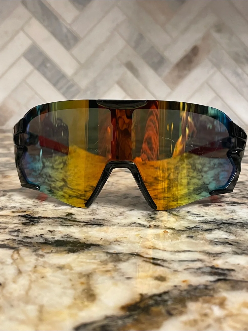 Sport Shield Sunglasses - Black Frame with Mirrored Green-Blue Lens